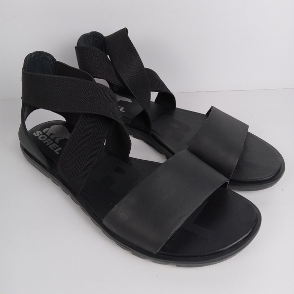 Sorel Ella II Sandals Womens 6.5 Black Leather Ankle Strap Slingback Comfort - Picture 1 of 9